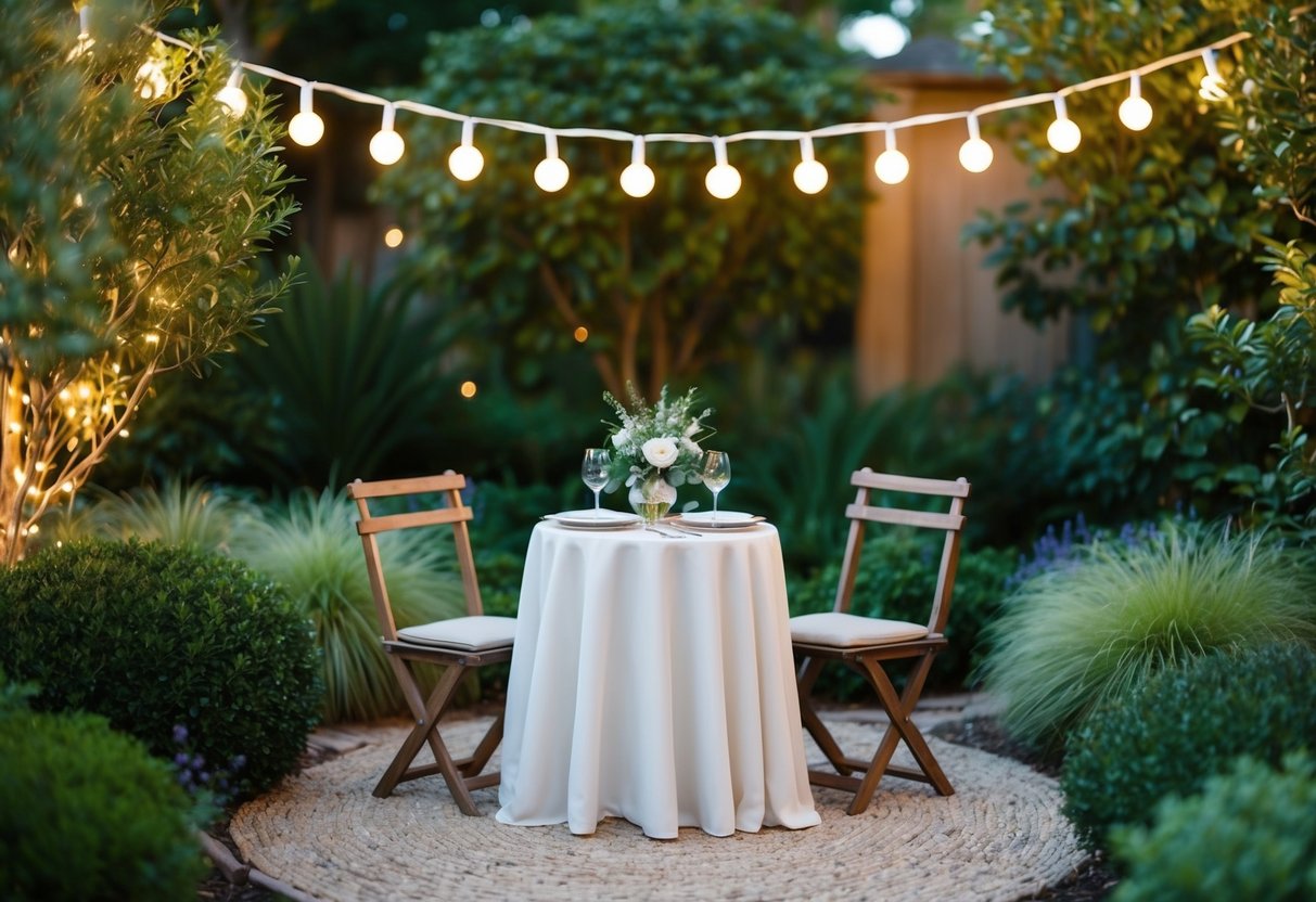 A cozy garden setting with a small, elegantly decorated table for two, surrounded by twinkling lights and lush greenery