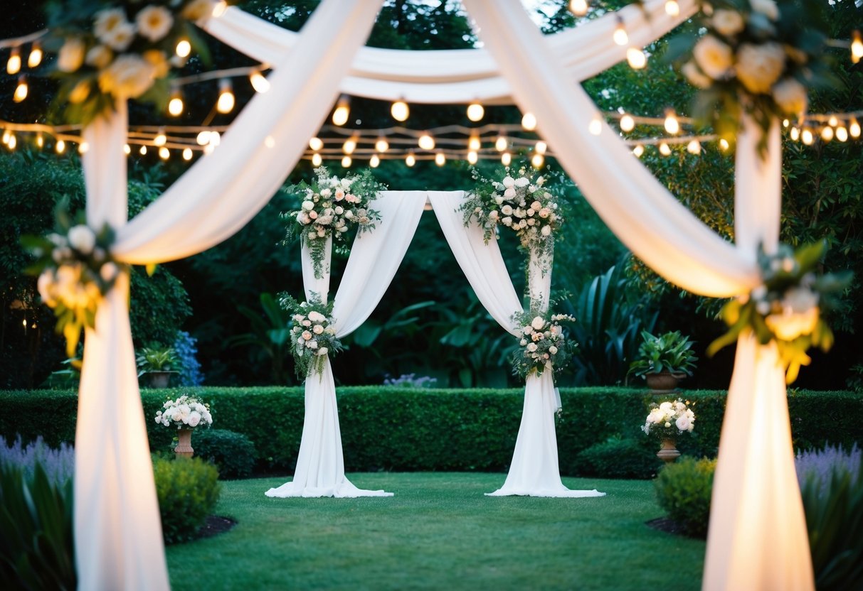 A wedding bower with draped fabric, flowers, and twinkling lights set in a lush garden