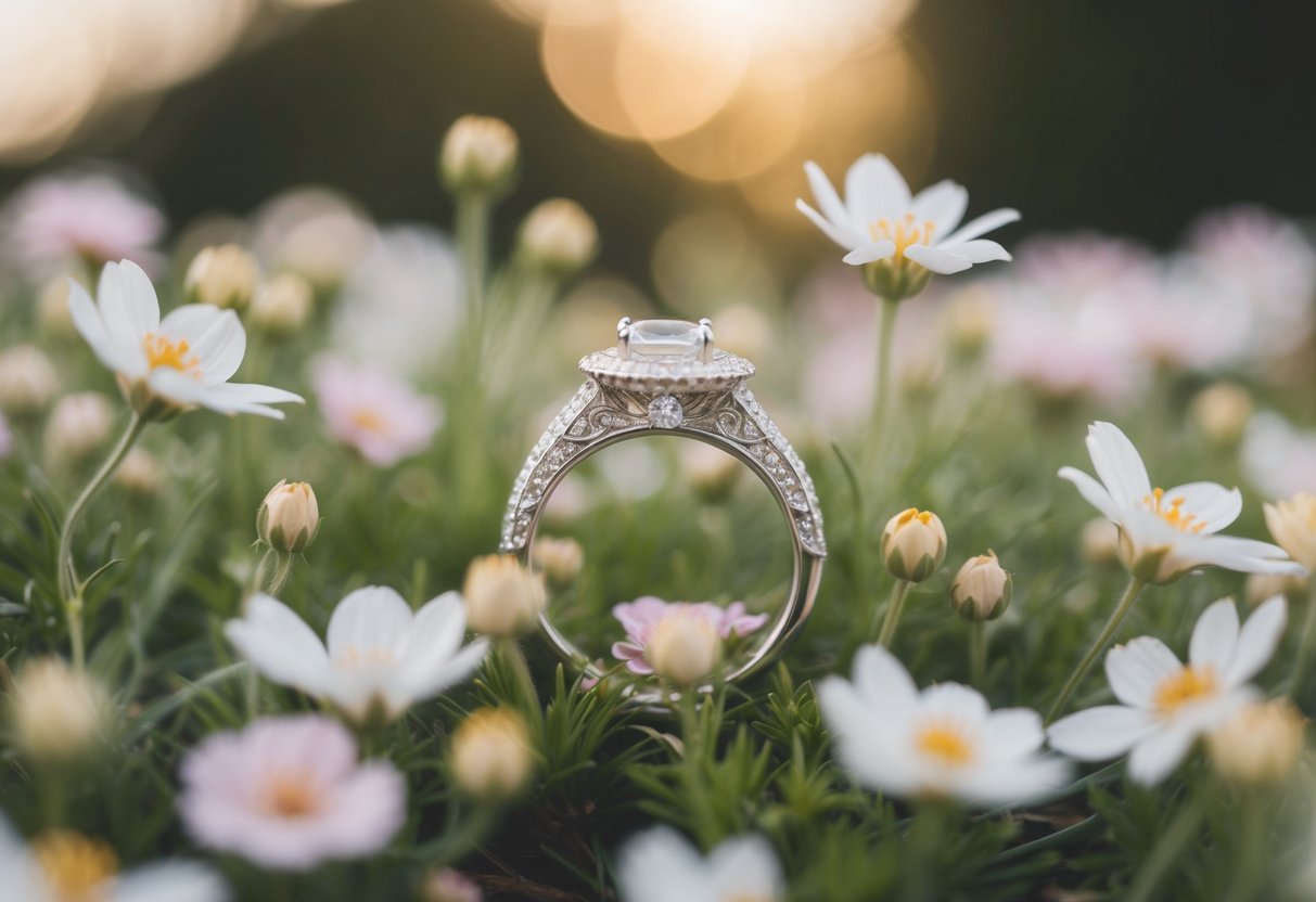A small, intricately designed wedding ring nestled in a bed of delicate flowers