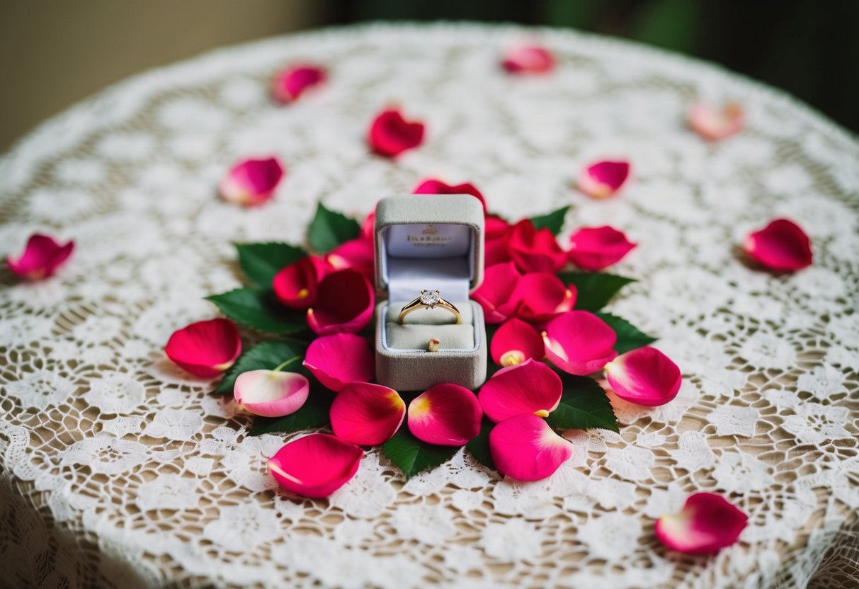 A delicate ring box nestled in a bed of rose petals on a lace-covered table