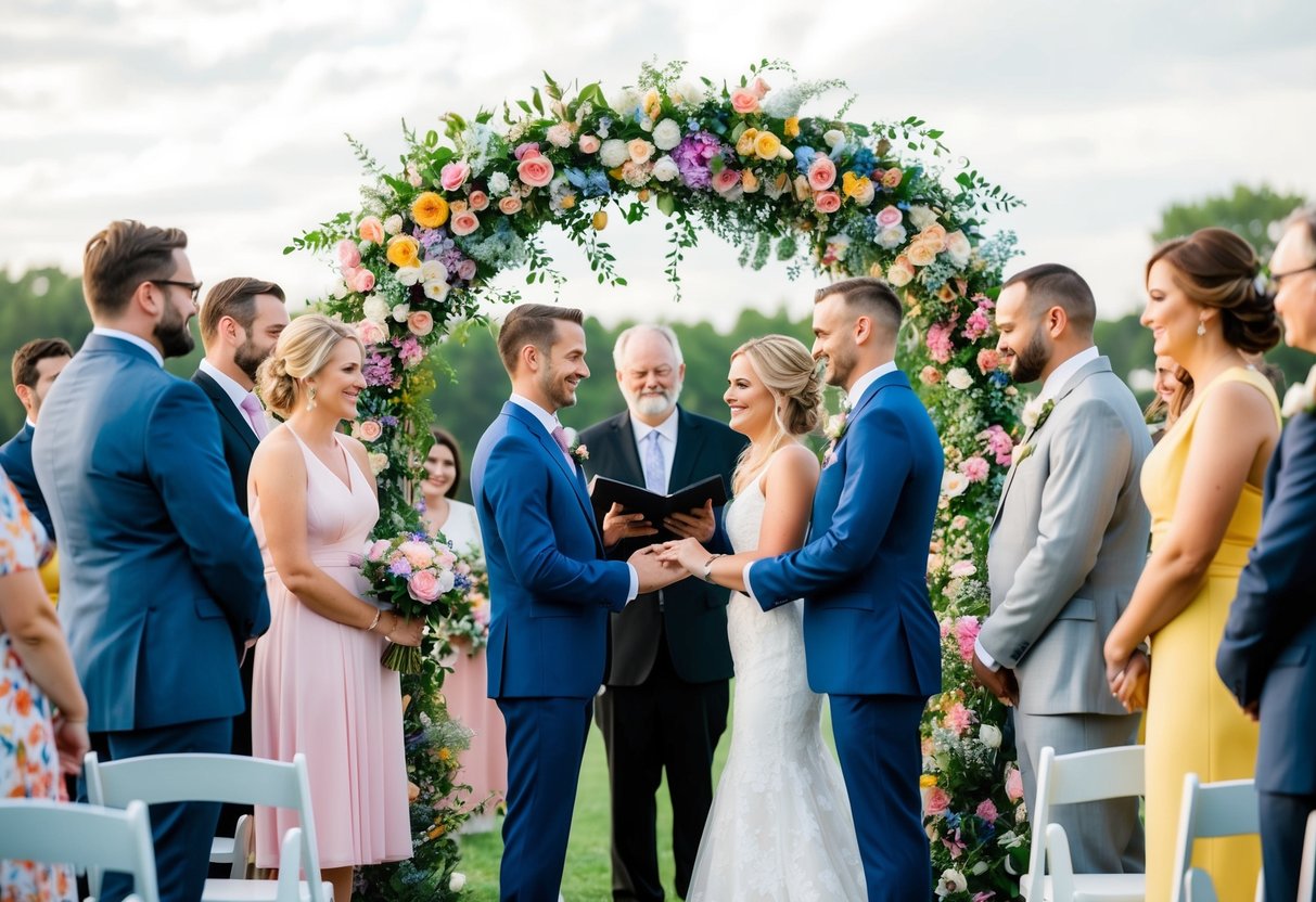 A colorful outdoor ceremony with multiple couples exchanging vows under a floral arch, surrounded by friends and family