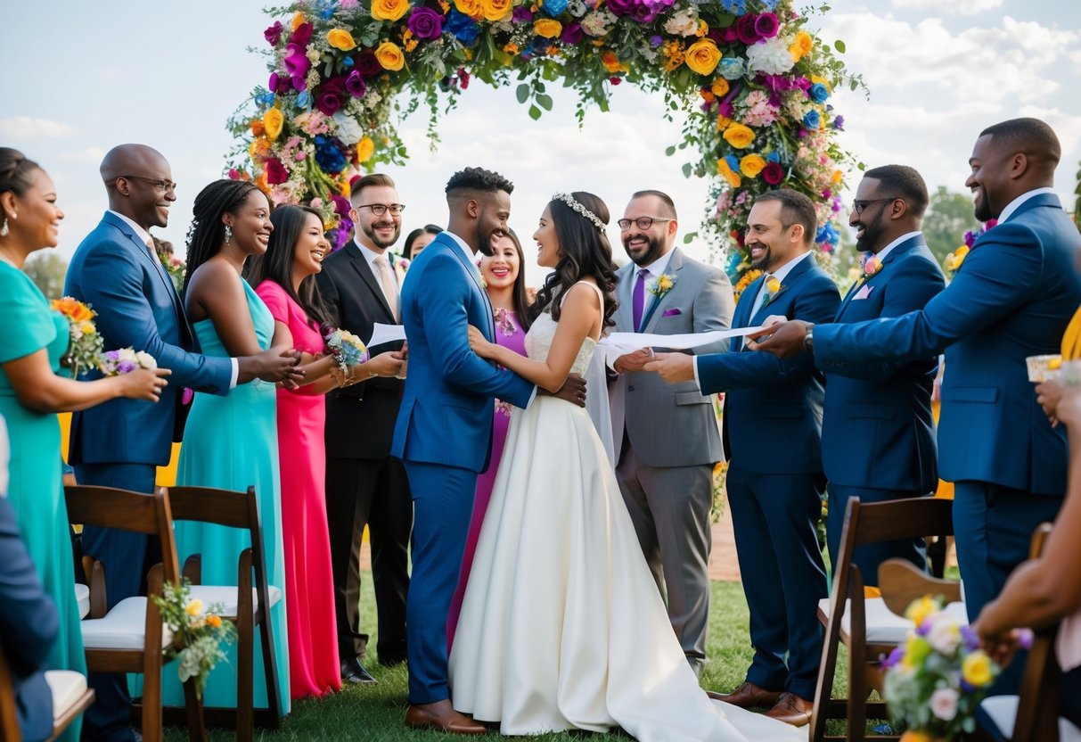 A diverse group of people celebrating in a colorful and inclusive ceremony, with multiple couples exchanging vows and symbolizing unity