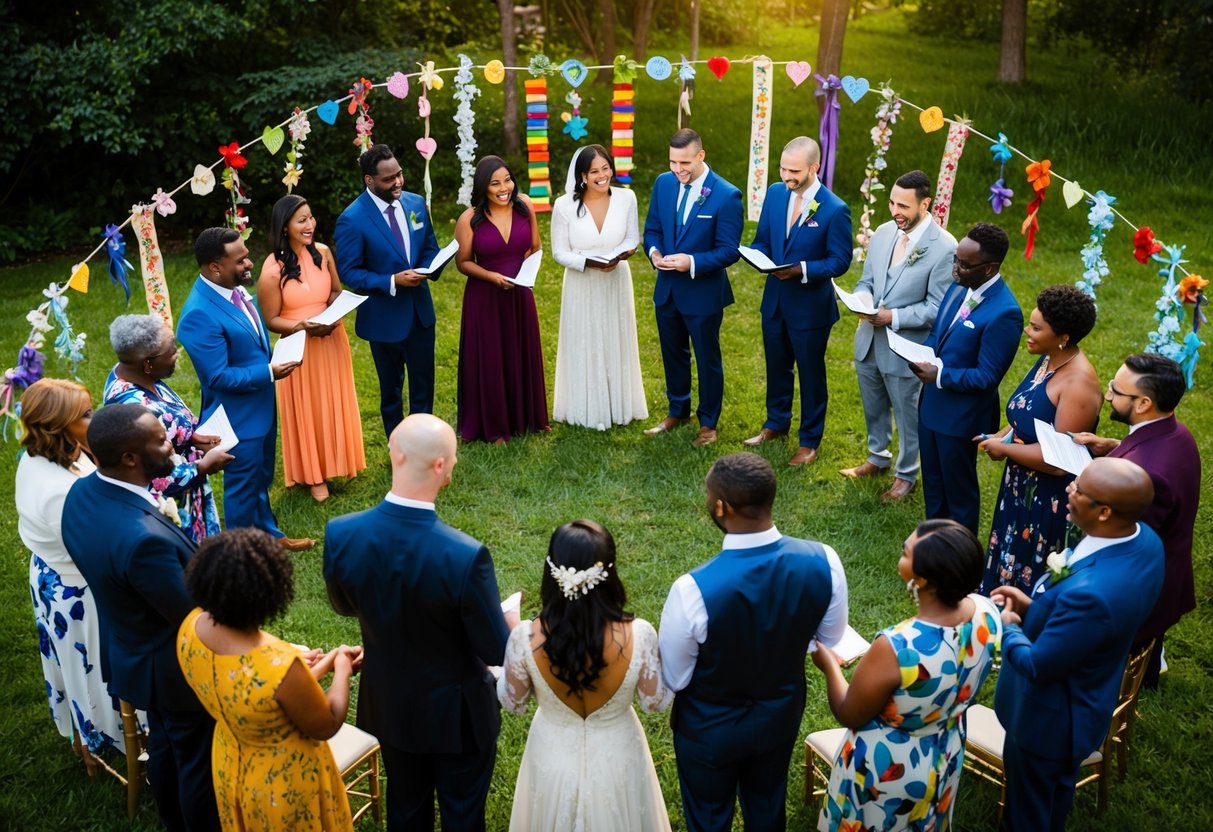 A diverse group of people exchanging vows in a circle, surrounded by colorful decorations and symbols of love and unity