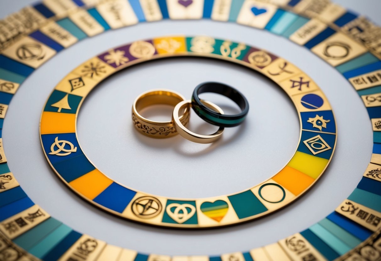 A circle of diverse symbols and traditions surrounds three interlocking rings, representing a poly wedding ceremony