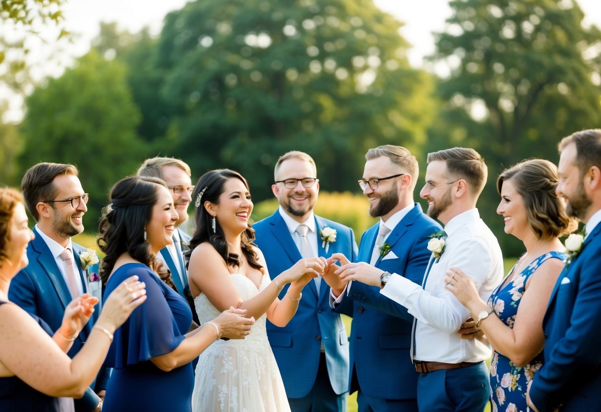 A joyful poly wedding ceremony with multiple couples exchanging vows and rings, surrounded by supportive friends and family members