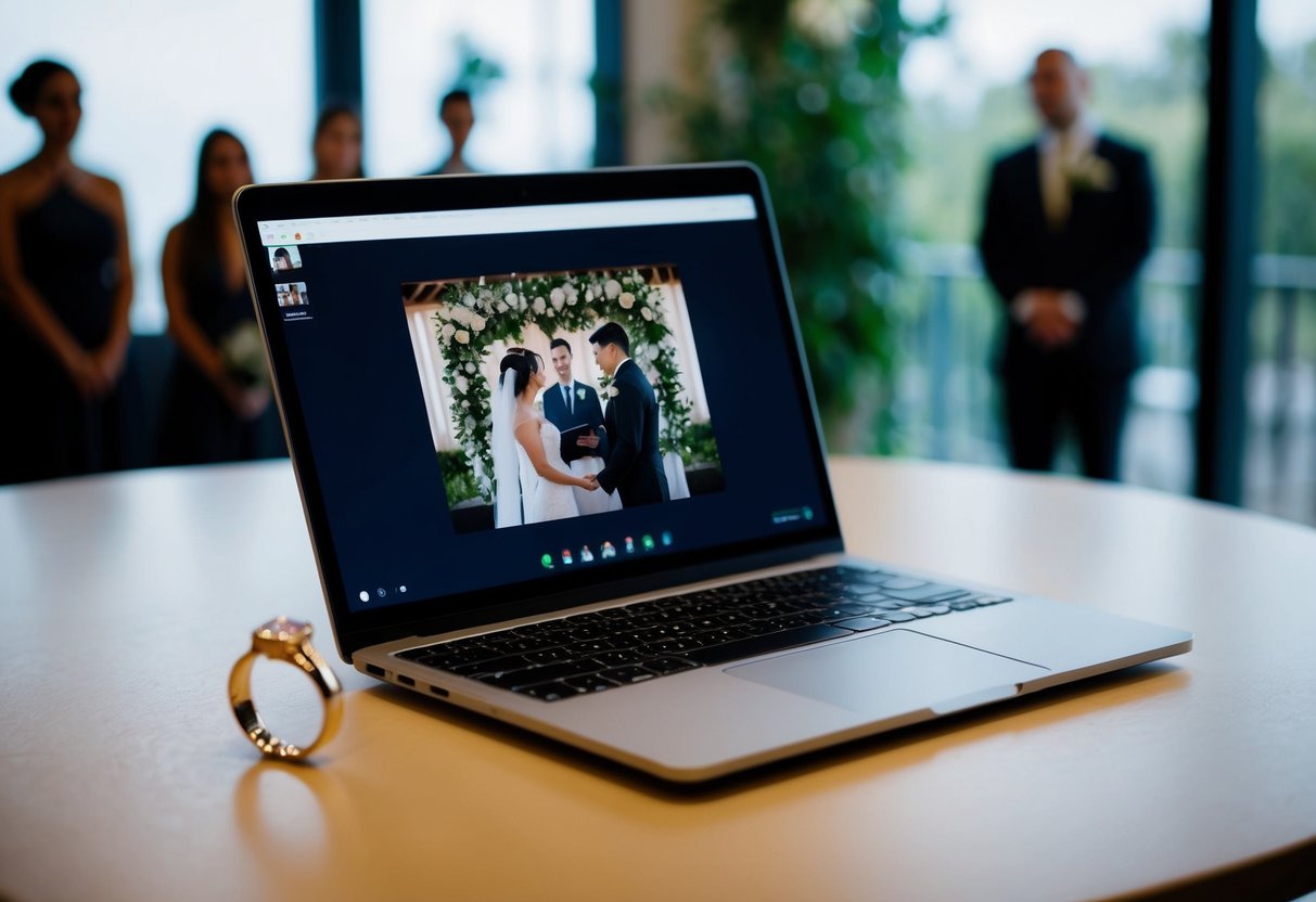A laptop and a wedding ring placed side by side on a table, with a virtual wedding ceremony being live-streamed on the screen