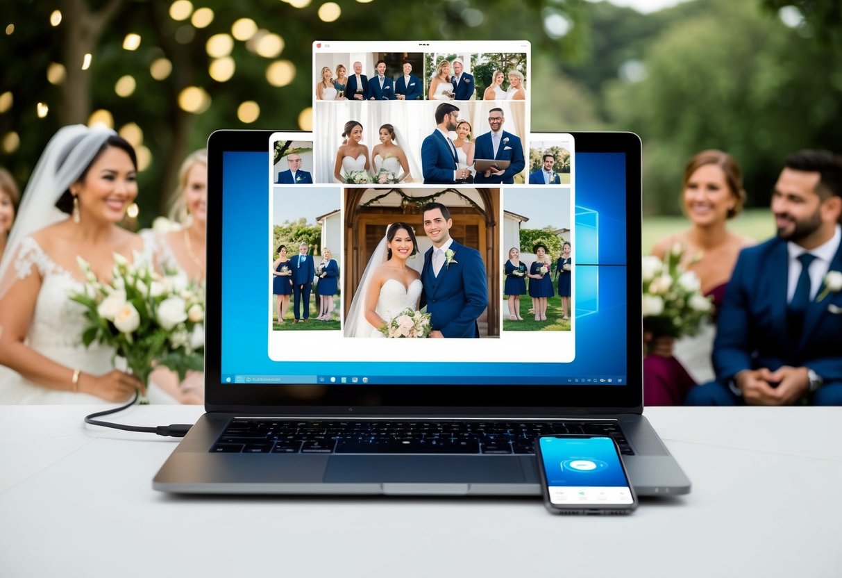 A laptop and a smartphone connected to each other, displaying a virtual wedding ceremony with a happy couple and their guests participating from different locations