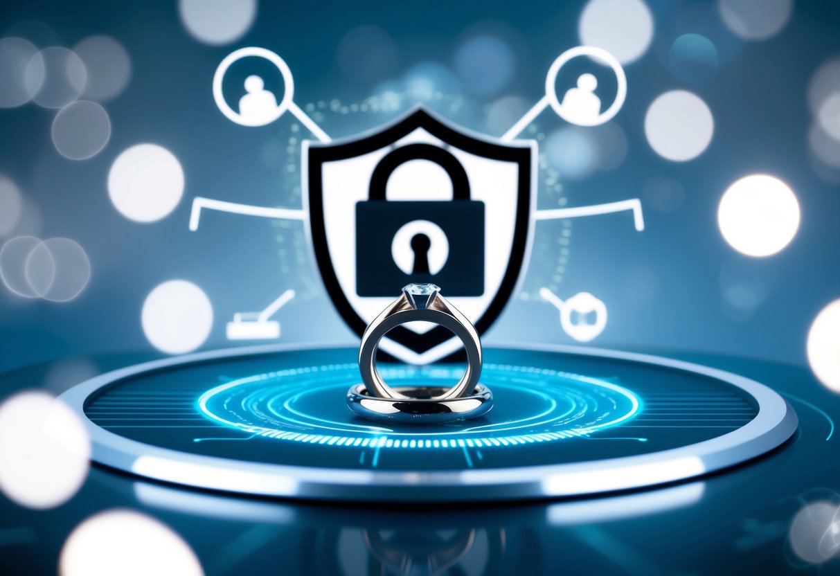 A digital lock securing a wedding ring on a virtual platform, surrounded by a shield and padlock symbols