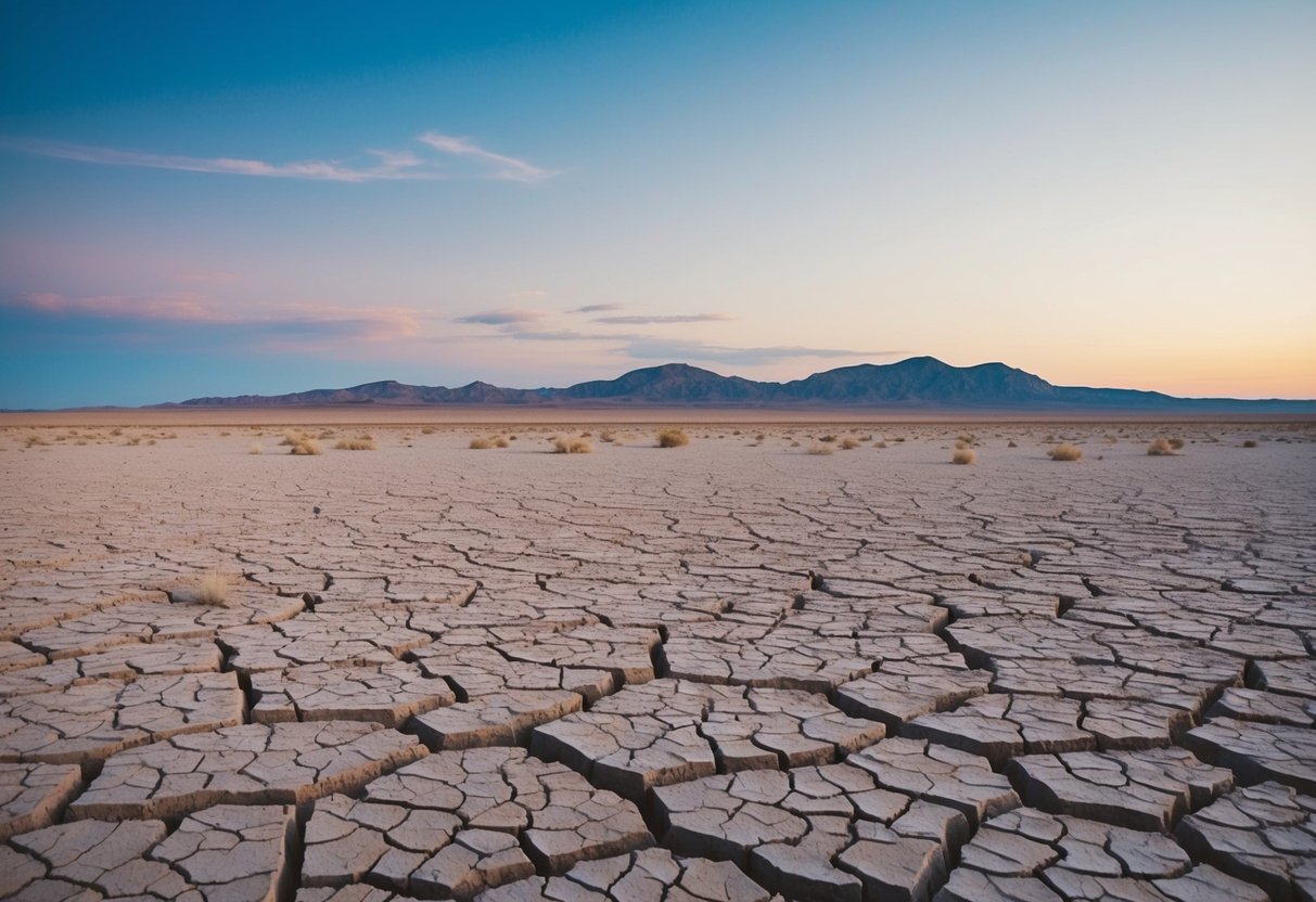 A barren desert landscape with cracked earth and a cloudless sky