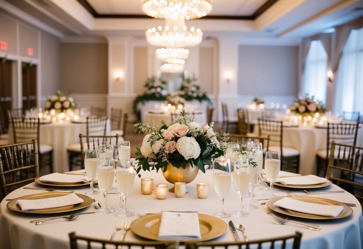 A beautifully decorated reception hall with elegant place settings, floral centerpieces, and sparkling glassware filled with non-alcoholic beverages
