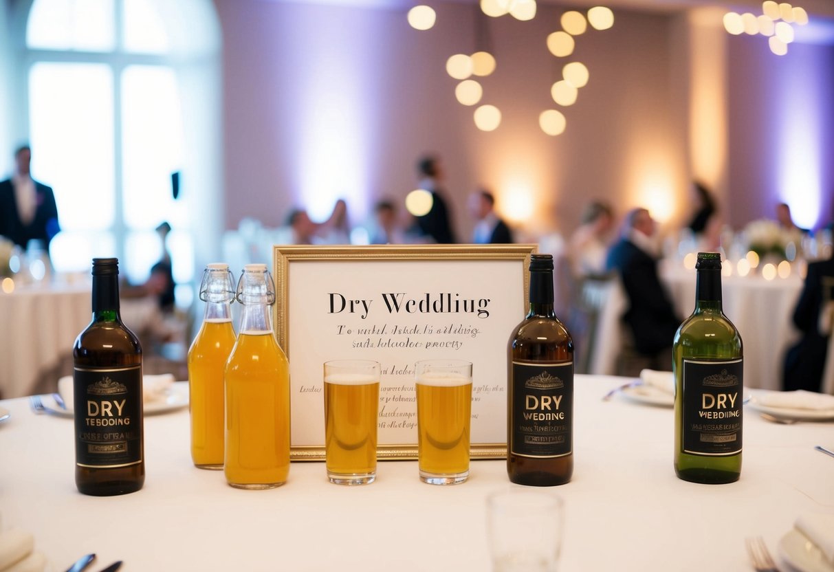 A wedding reception with non-alcoholic beverages and a sign indicating "Dry Wedding" displayed prominently