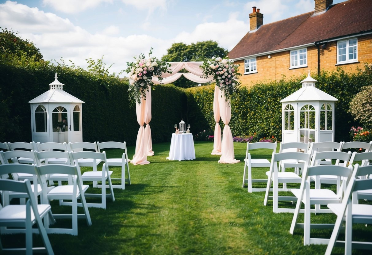 A backyard in the UK with a floral arch, white chairs, and a small gazebo set up for a wedding ceremony