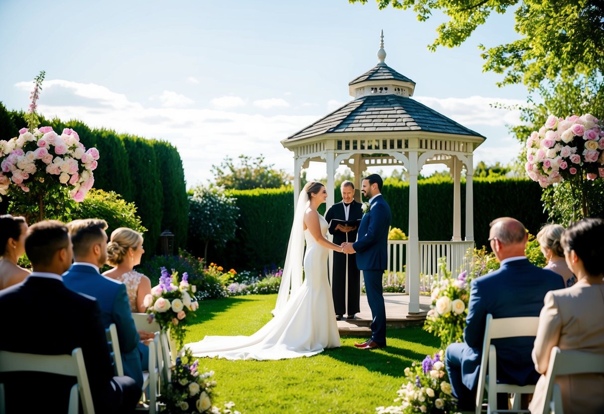 A couple stands in a lush backyard, surrounded by blooming flowers and a charming gazebo. A celebrant officiates the wedding ceremony under a sunny sky