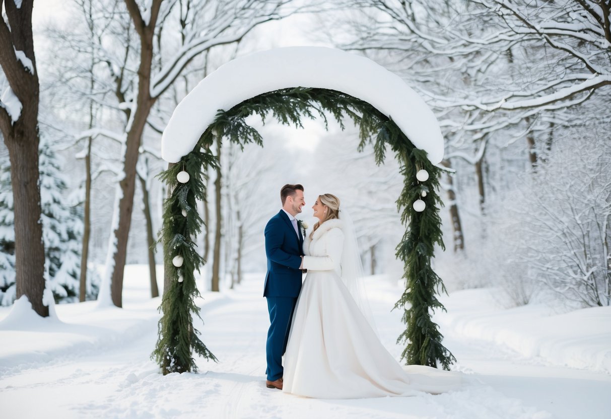 A winter landscape with snow-covered trees and a couple exchanging vows under a snowy archway