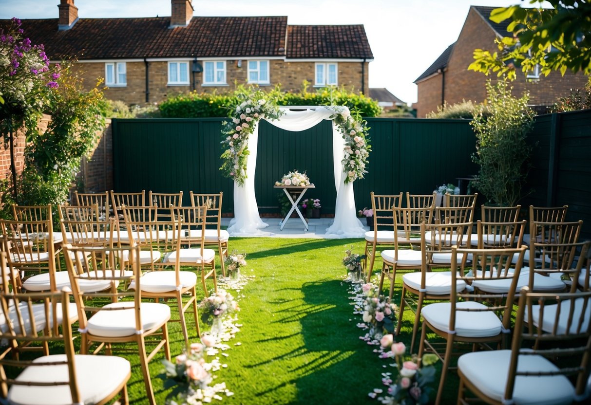 A backyard in the UK with a beautifully decorated outdoor ceremony setup, including chairs, an arch, flowers, and a designated area for the ceremony