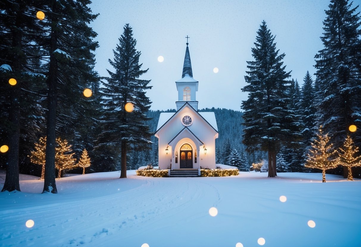 A snowy landscape with a charming chapel, surrounded by pine trees and adorned with twinkling lights. Snowflakes gently fall from the sky, creating a serene and magical atmosphere