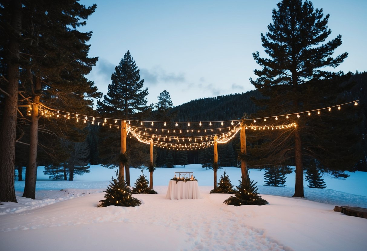A snowy landscape with a cozy outdoor wedding setup, surrounded by pine trees and twinkling lights