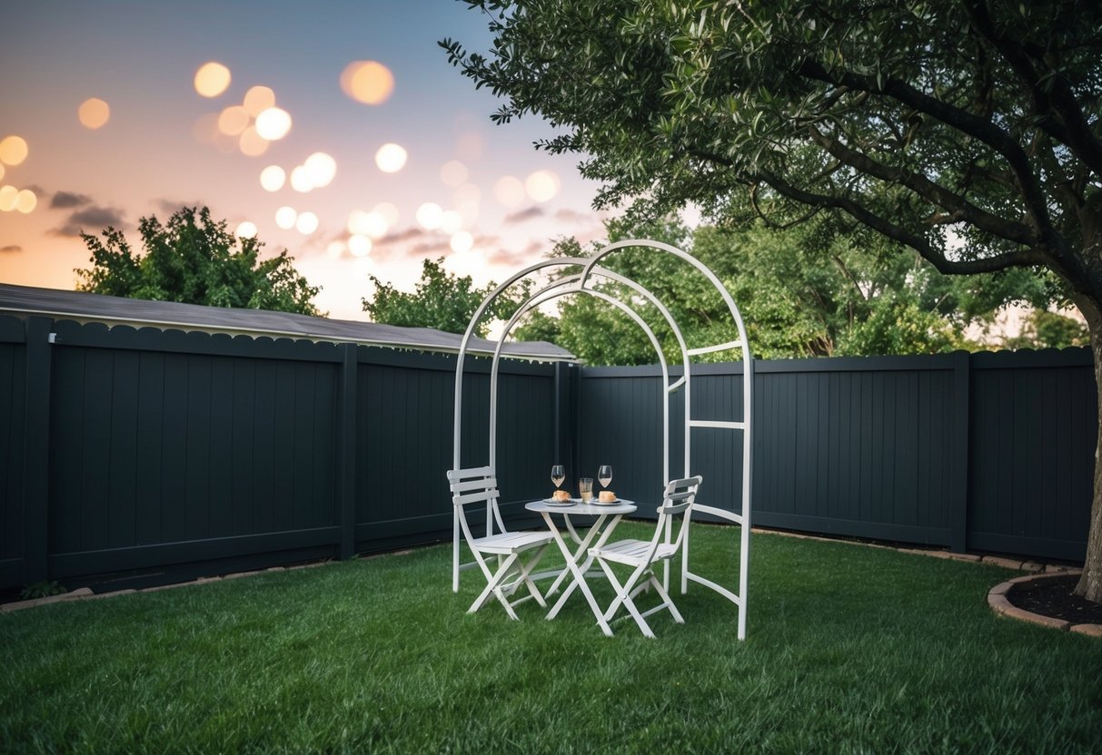 A cozy backyard with a simple arch, a few chairs, and a small table set for two under a tree