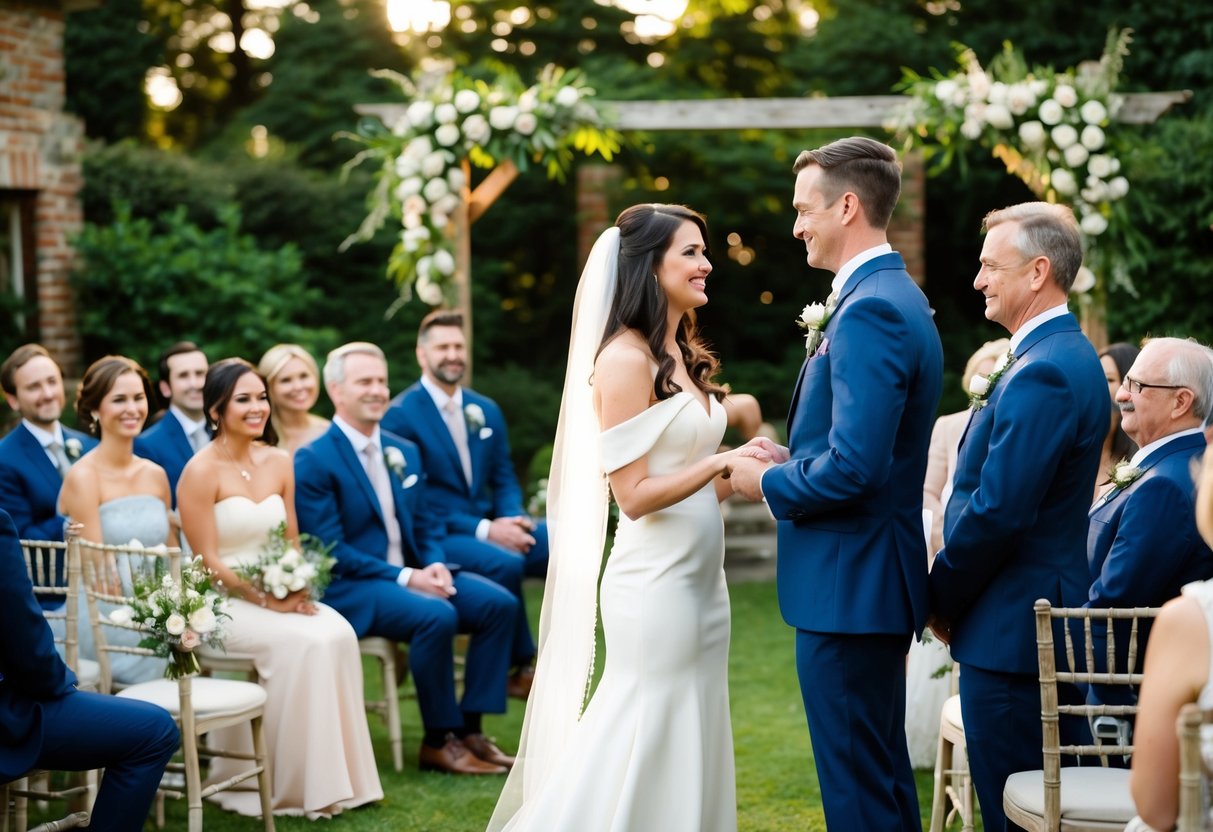 A couple exchanging vows in an intimate garden ceremony with a small group of loved ones seated on vintage wooden chairs