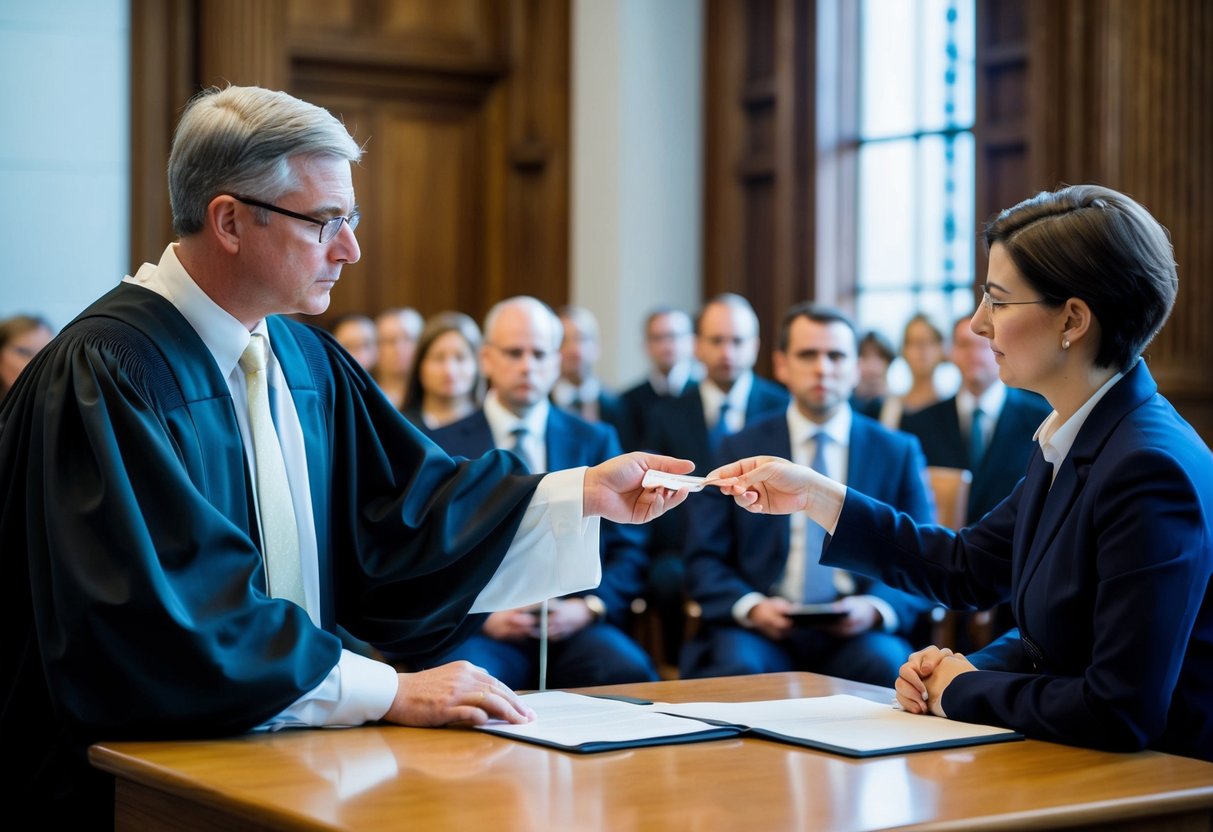A courtroom with a judge handing down a sentence to a couple who attempted a fake marriage in the UK
