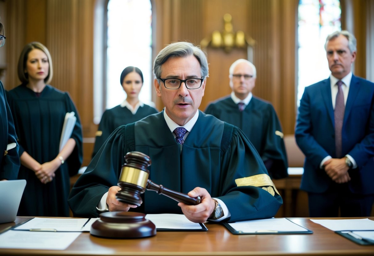 A courtroom scene with a judge handing down a penalty for fake marriage in the UK. Lawyers and witnesses are present
