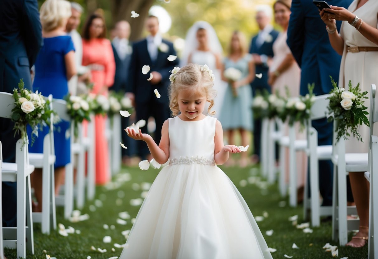 A flower girl tossing petals down the aisle at a wedding