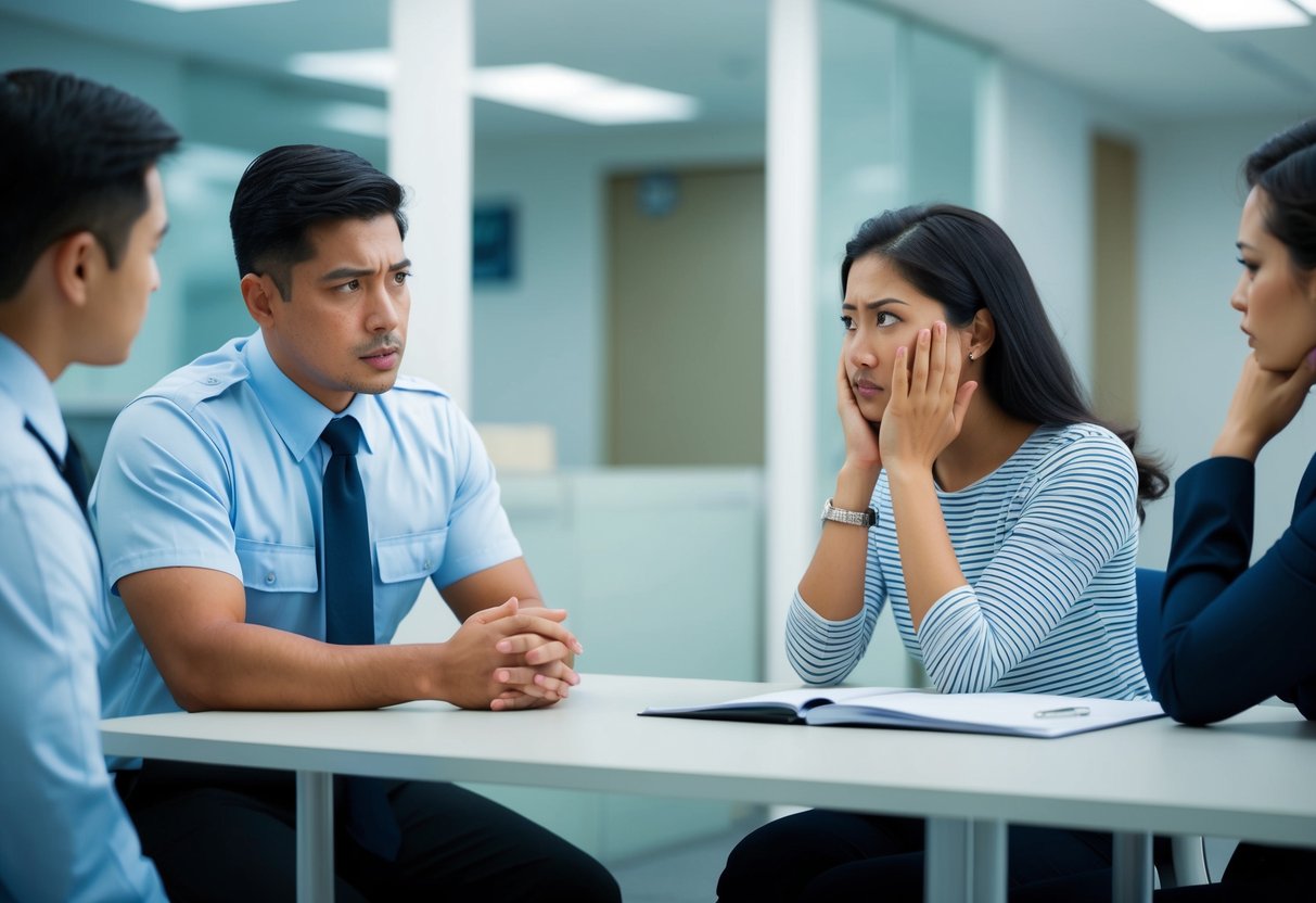 A couple being questioned by immigration officials in a sterile office, with one looking nervous and the other avoiding eye contact