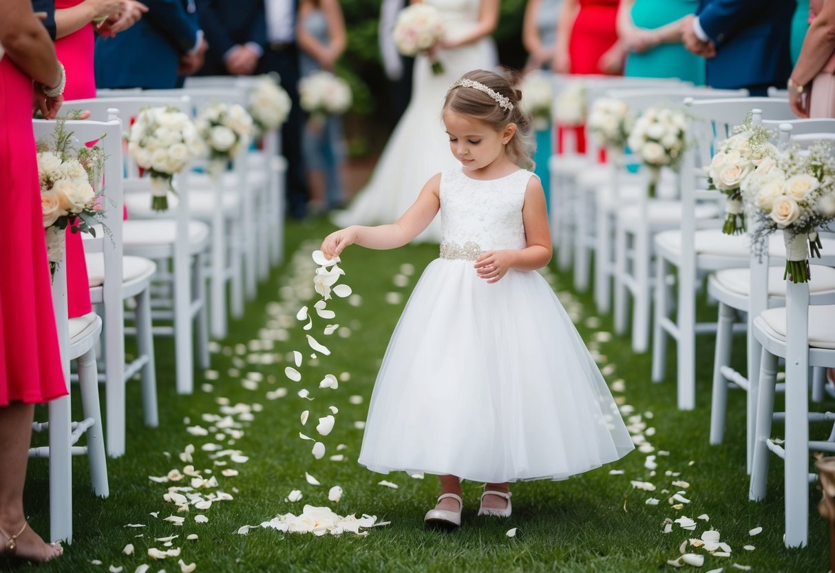 A young girl in a fancy dress scattering flower petals down the aisle at a wedding