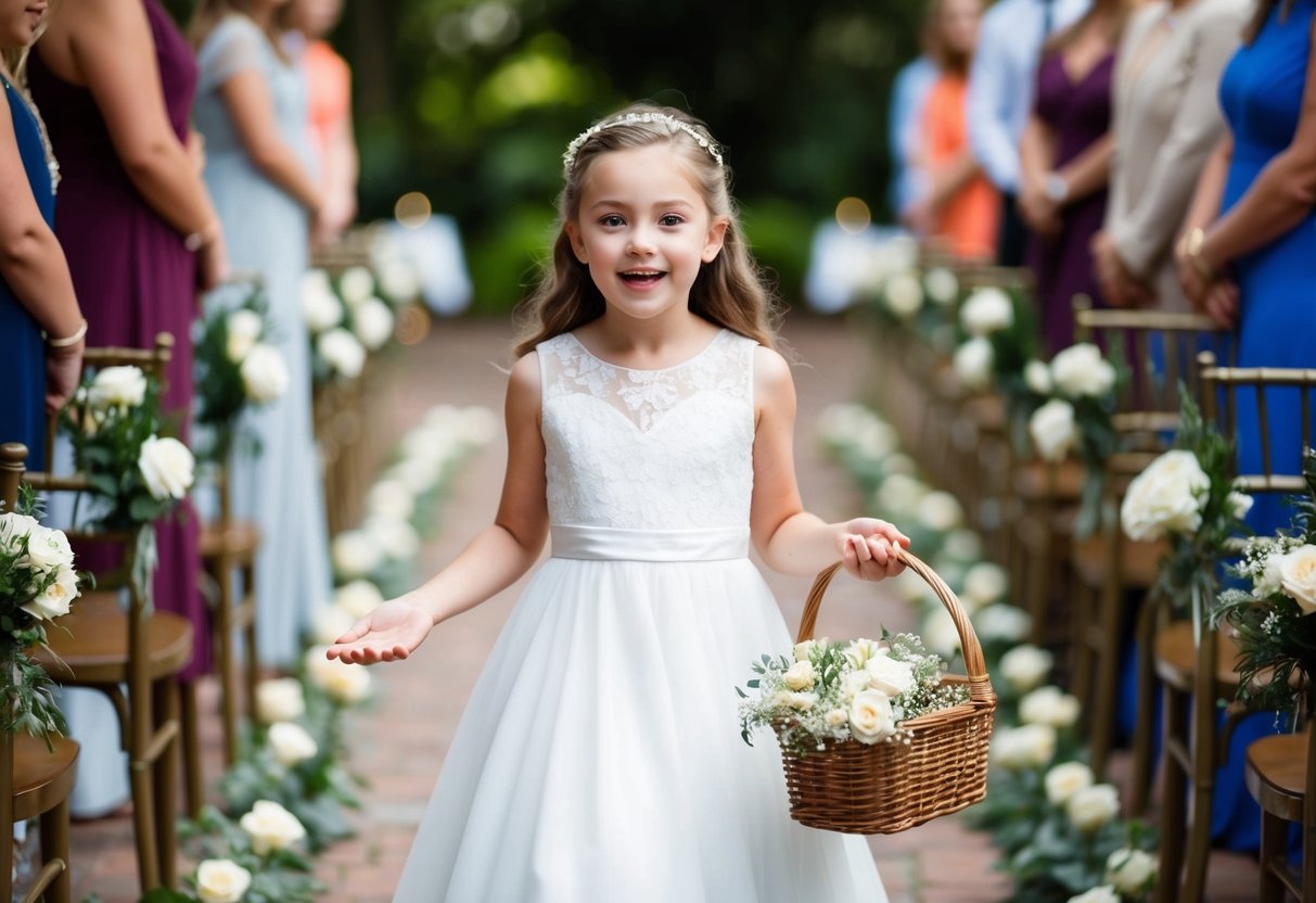 A young girl in a white dress holds a basket of flowers, standing at the end of a flower-lined aisle. She looks excited and eager to walk down the aisle