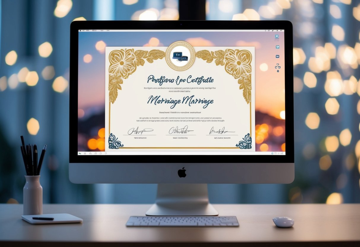 A computer screen displaying a virtual marriage certificate with digital signatures and decorative elements