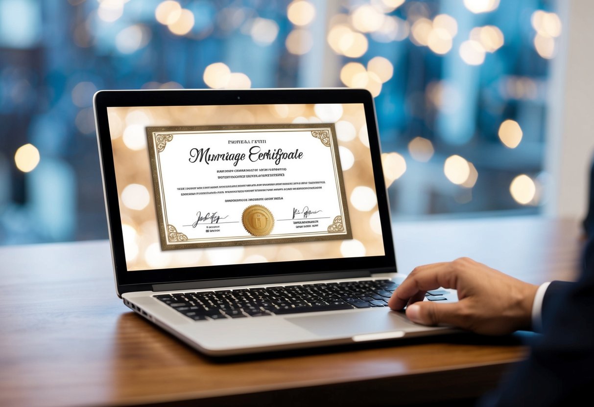 A laptop displaying a virtual marriage certificate with a digital signature and official seal