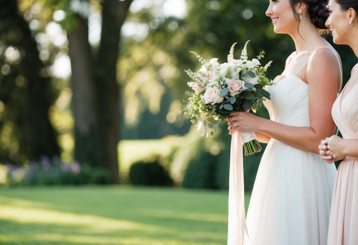 A single bridesmaid holding a bouquet, standing next to the bride