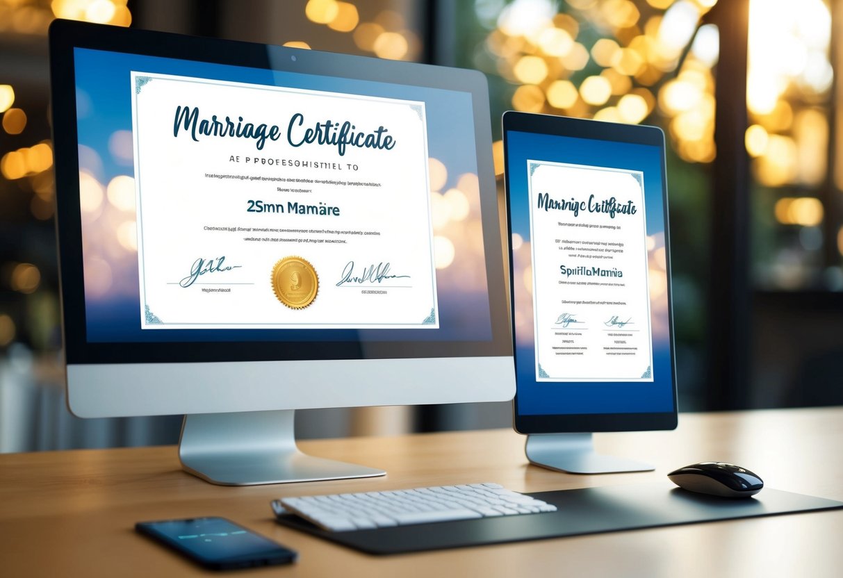 A virtual marriage certificate displayed on a computer screen with a digital signature and official seal