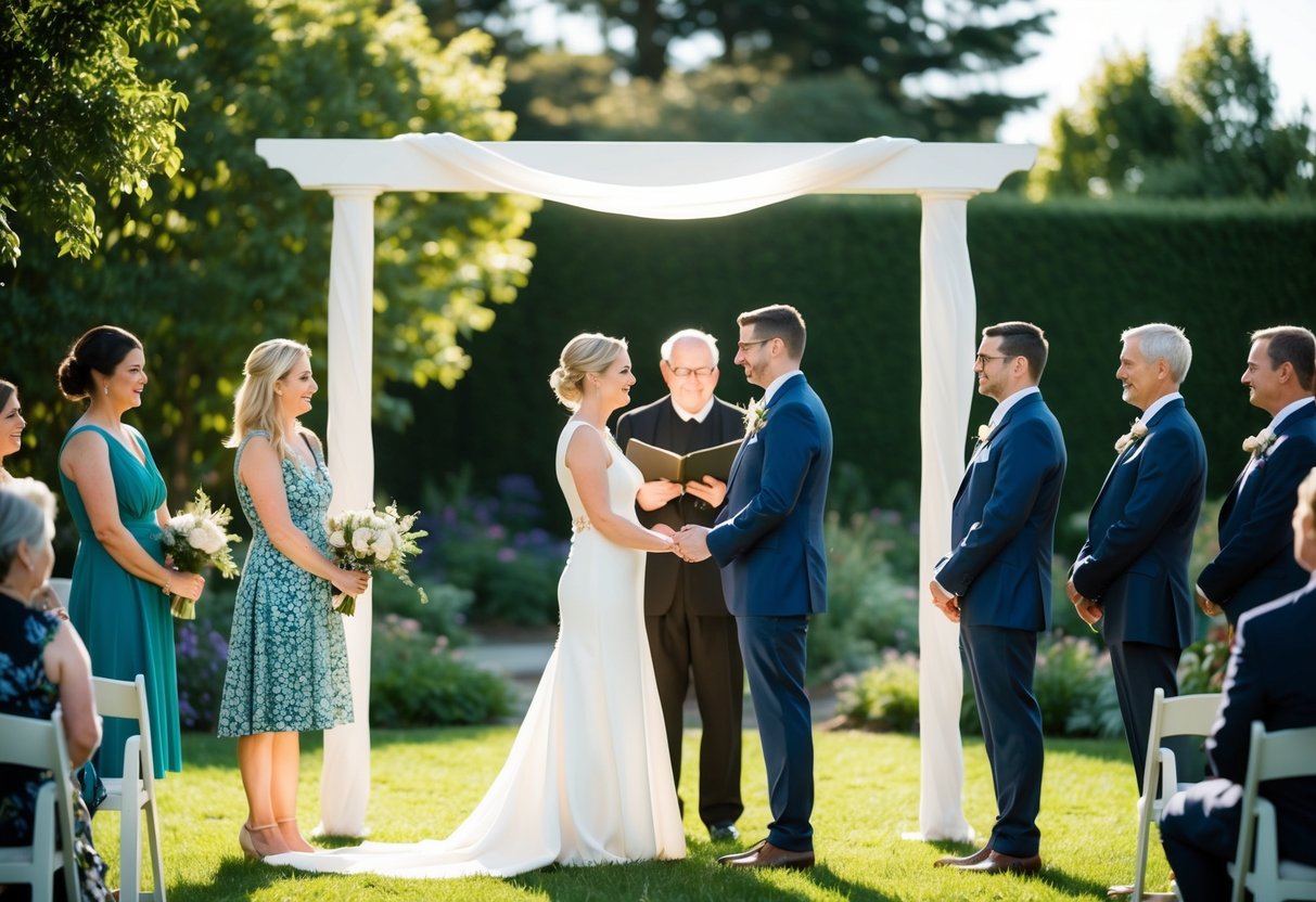 A couple stands under a simple arch in a sunlit garden, surrounded by a few close family and friends. An officiant leads a brief, intimate wedding ceremony