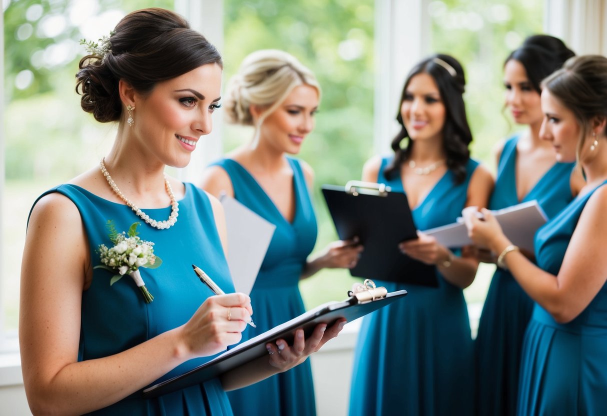 A single bridesmaid organizing wedding logistics with a clipboard and pen in hand