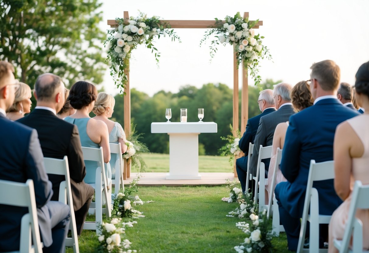 A simple outdoor wedding ceremony with a small altar, minimal floral decorations, and a few chairs for guests