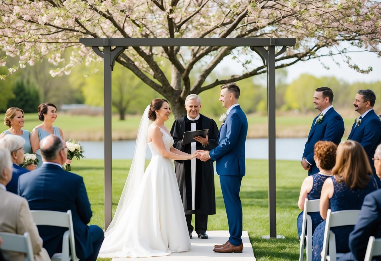 A couple stands before a simple altar under a blooming tree. A minister officiates as guests look on with joy