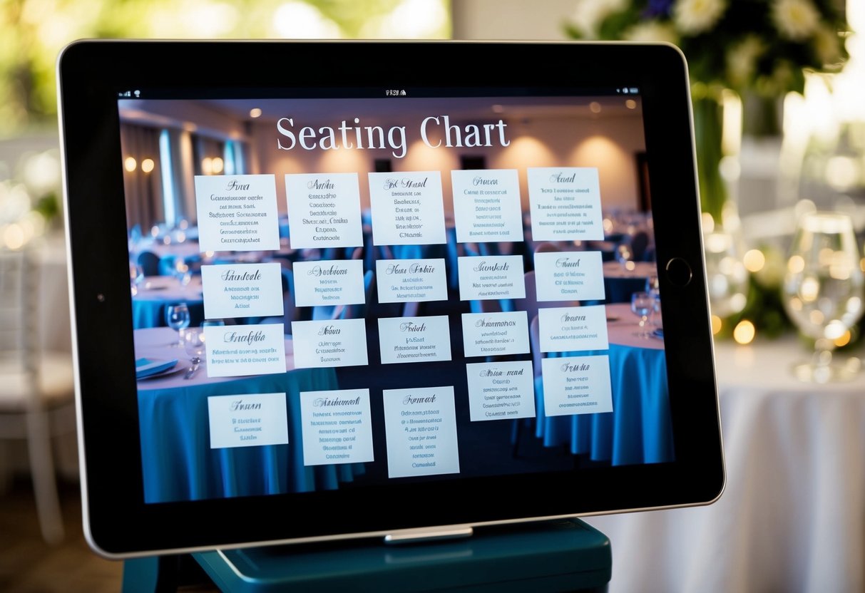 A digital seating chart displayed on a tablet or computer screen, with tables and guest names arranged in a visually appealing layout