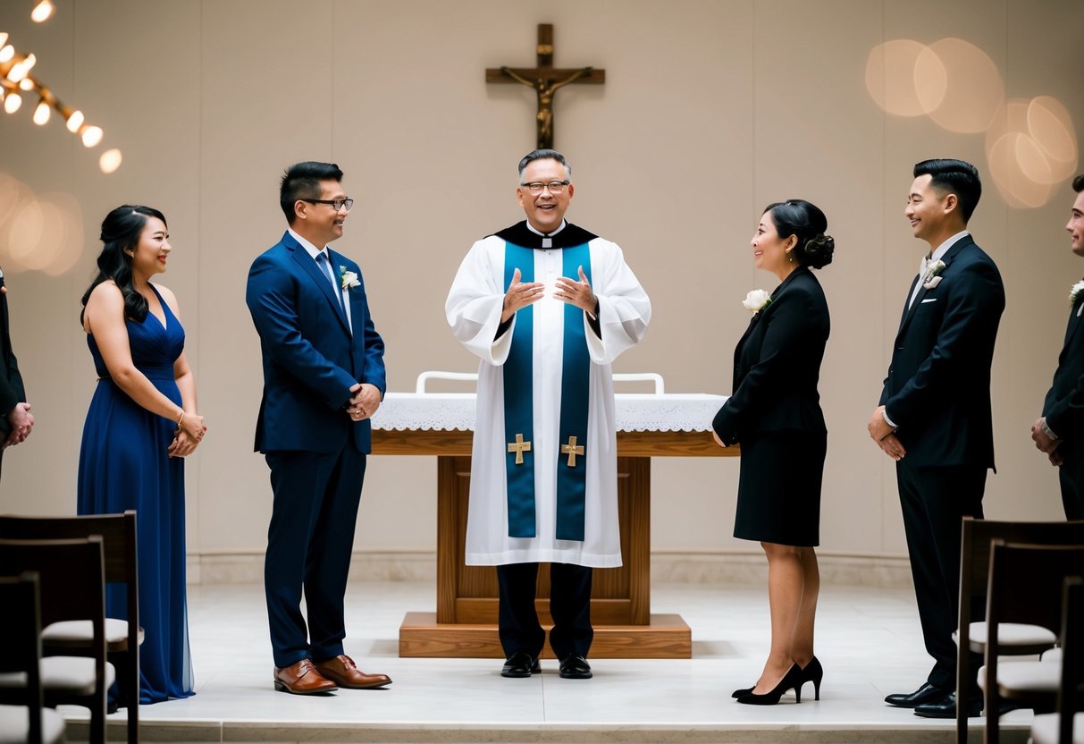 An officiant stands before a simple altar, a couple in front. The officiant gestures and speaks, overseeing a brief wedding ceremony