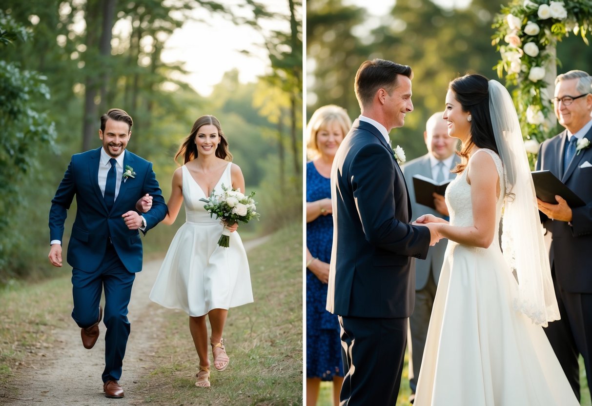 A couple running away together to a secluded spot with a justice of the peace, versus a couple exchanging vows in front of family and friends at a grand ceremony