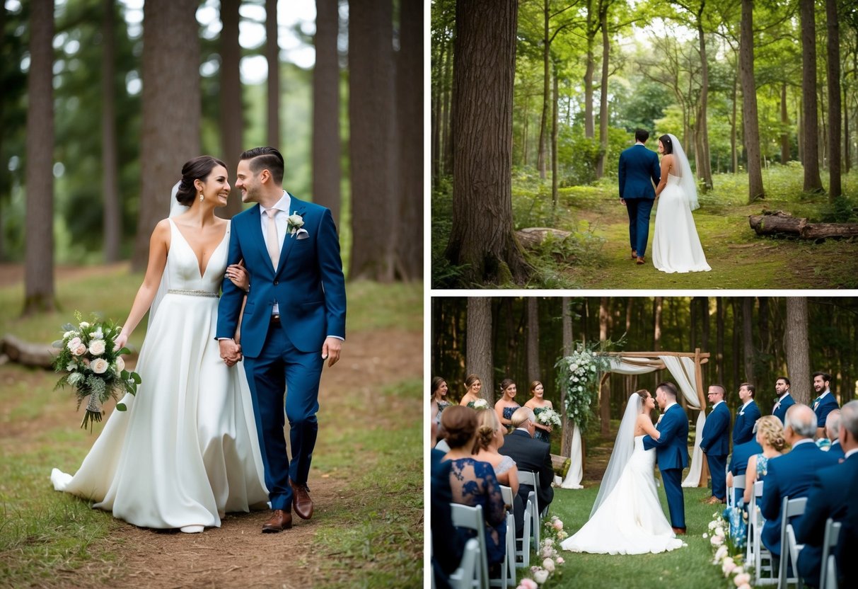 A couple sneaking away to a secluded forest clearing for an elopement, contrasted with a grand ceremony at a bustling wedding venue