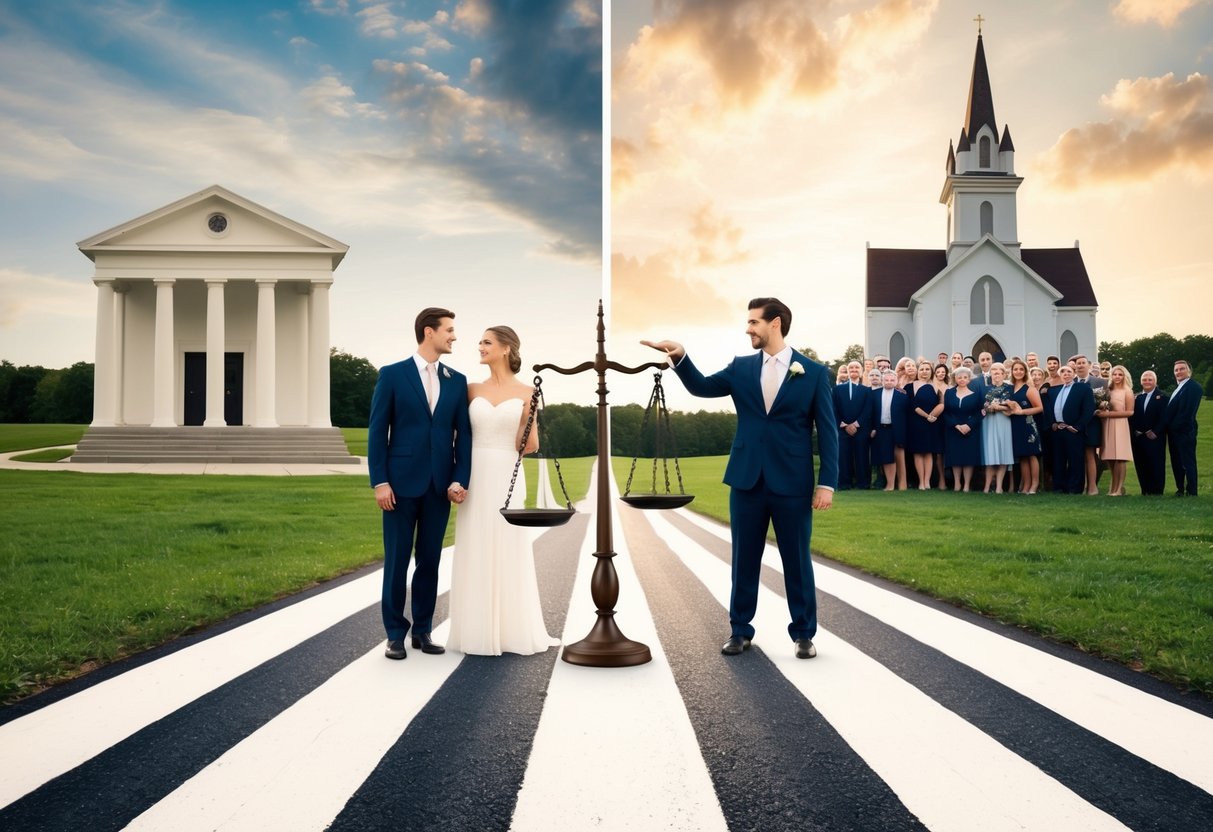 A couple standing at a crossroads, one path leading to a simple courthouse, the other to a grand church with a crowd of guests. A scale sits between them, one side tipped towards simplicity, the other towards extravagance