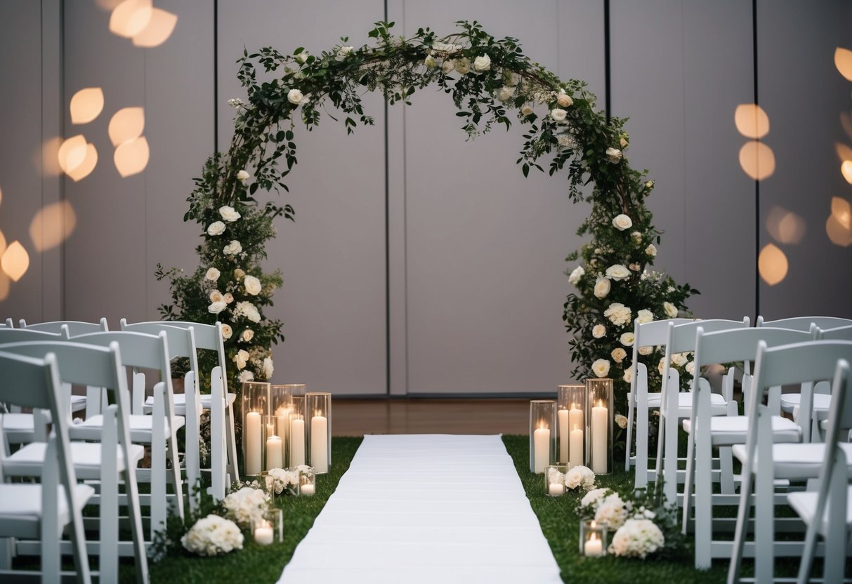 A decorative wedding arch surrounded by flowers and candles, with a white aisle runner leading towards it