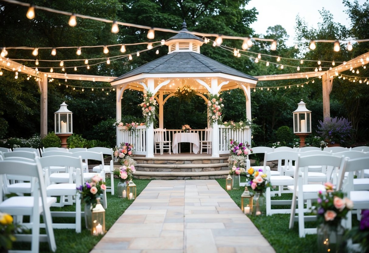 A beautifully decorated outdoor garden with a gazebo adorned with flowers, white chairs set up in rows, and a romantic ambiance with string lights and lanterns