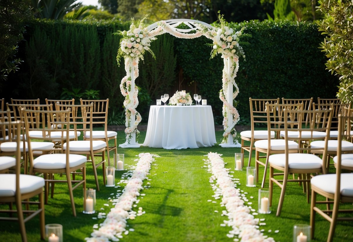 A decorated wedding arch stands in a lush garden, surrounded by empty chairs. Petals line the aisle, leading to a table set for a symbolic ceremony