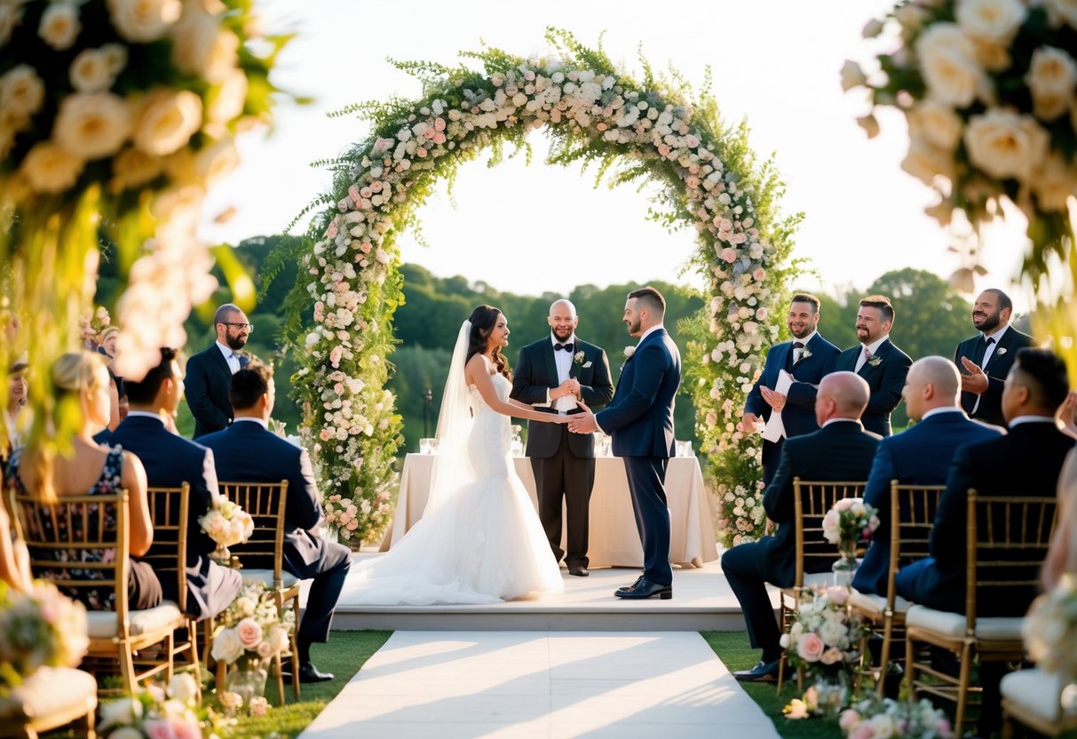 A lavish outdoor setting with a decorative arch, flowers, and seating for guests. A bride and groom stand at the altar, surrounded by performers and a celebratory atmosphere