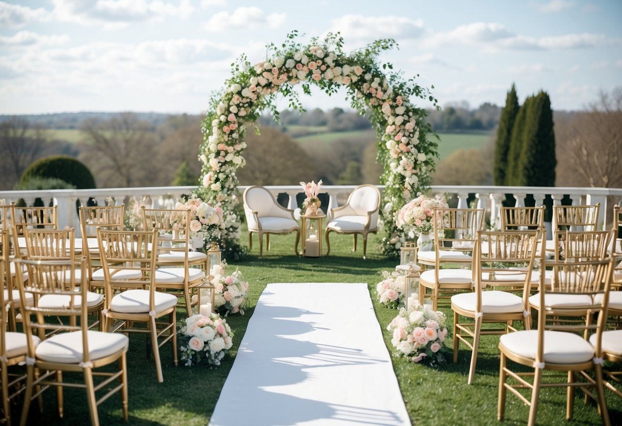 A lavish outdoor wedding set-up with flowers, an arch, and elegant chairs arranged in front of a picturesque backdrop