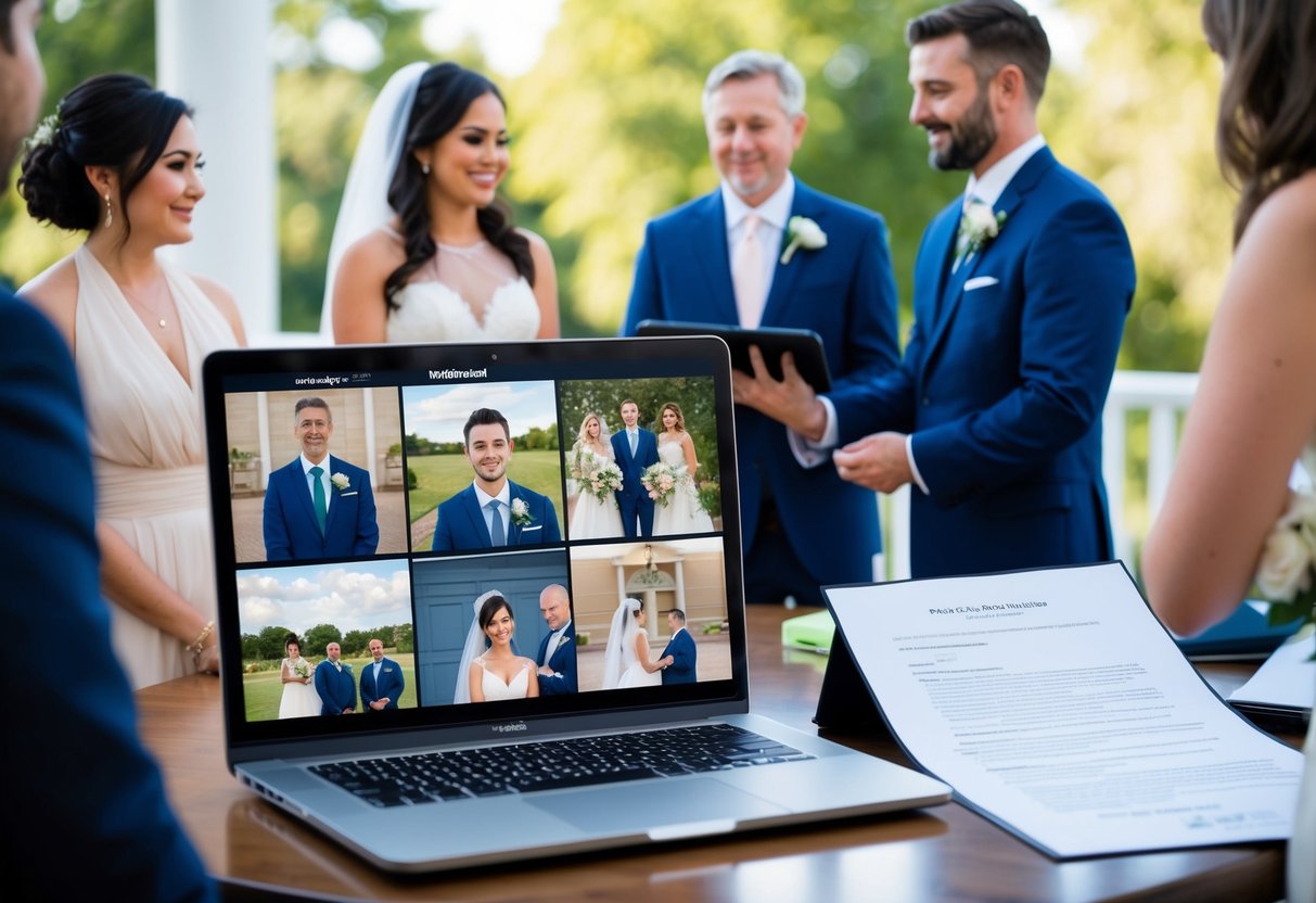 A zoom wedding: a laptop displaying a virtual ceremony with a bride and groom, officiant, and guests in separate video tiles. Documents and legal paperwork on a table