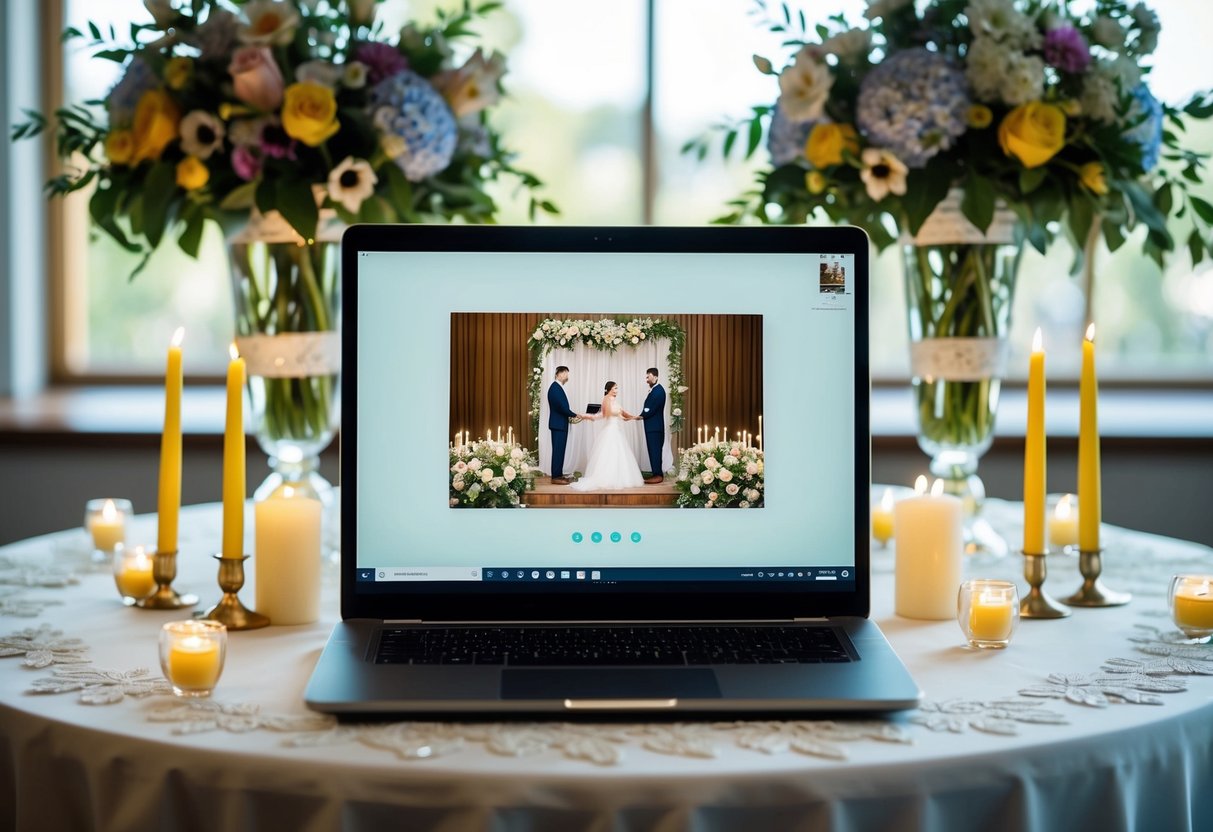 A laptop displaying a virtual wedding ceremony on a beautifully decorated table with flowers, candles, and a wedding cake