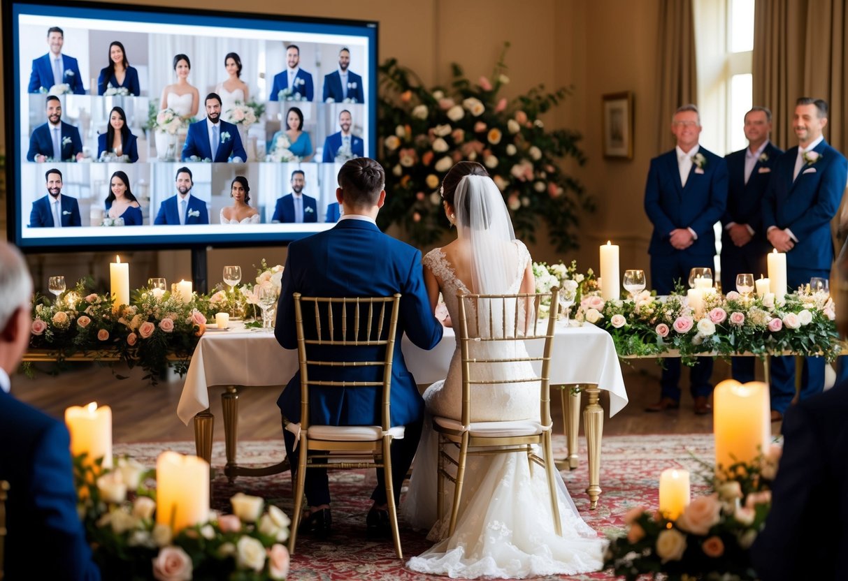 A bride and groom sit at a beautifully decorated table, surrounded by virtual guests on a large screen. The room is filled with flowers, candles, and elegant decor, creating a warm and intimate atmosphere for the virtual wedding ceremony